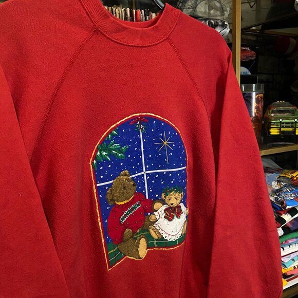 Vintage 90s Cute Teddy Bears Snowfall Christmas Sweater Crewneck Red XL - Picture 3 of 5